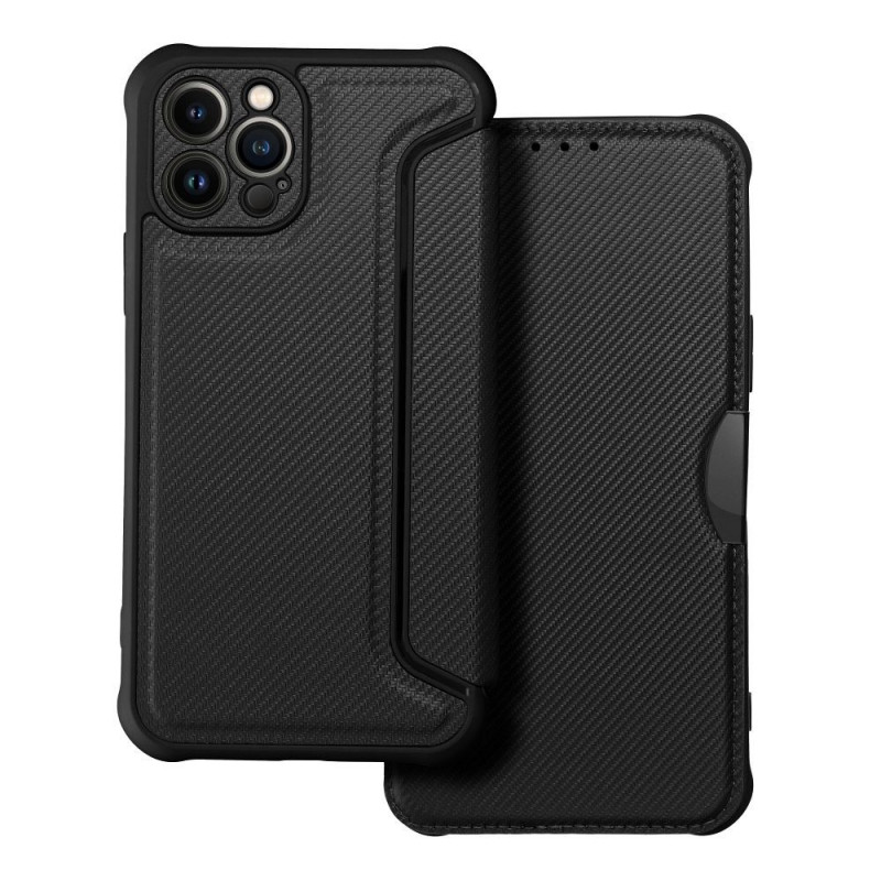 Peňaženkové puzdro Razor Book na Apple iPhone 12 Pro Uhlíkové vlákno, Karbónový vzor  Čierny