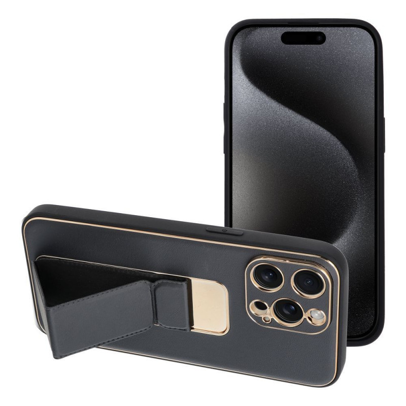 Kryt LEATHER Case Kickstand na Apple iPhone 15 Pro Max Čierny