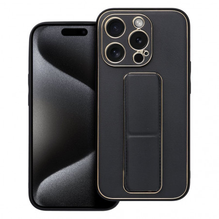 Kryt LEATHER Case Kickstand na Apple iPhone 15 Pro Čierny