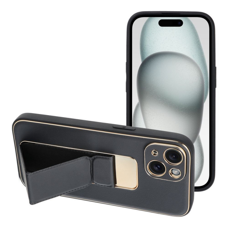 Kryt LEATHER Case Kickstand na Apple iPhone 15 Čierny