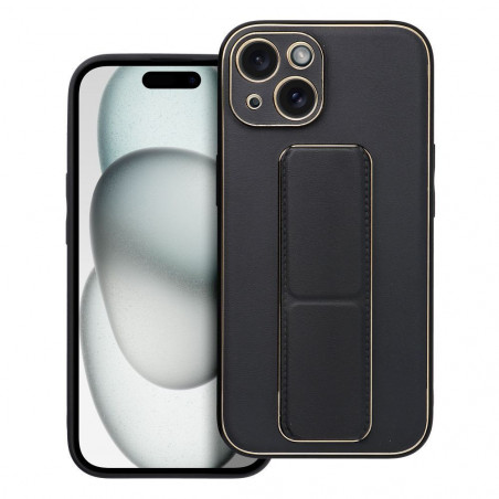 Kryt LEATHER Case Kickstand na Apple iPhone 15 Čierny