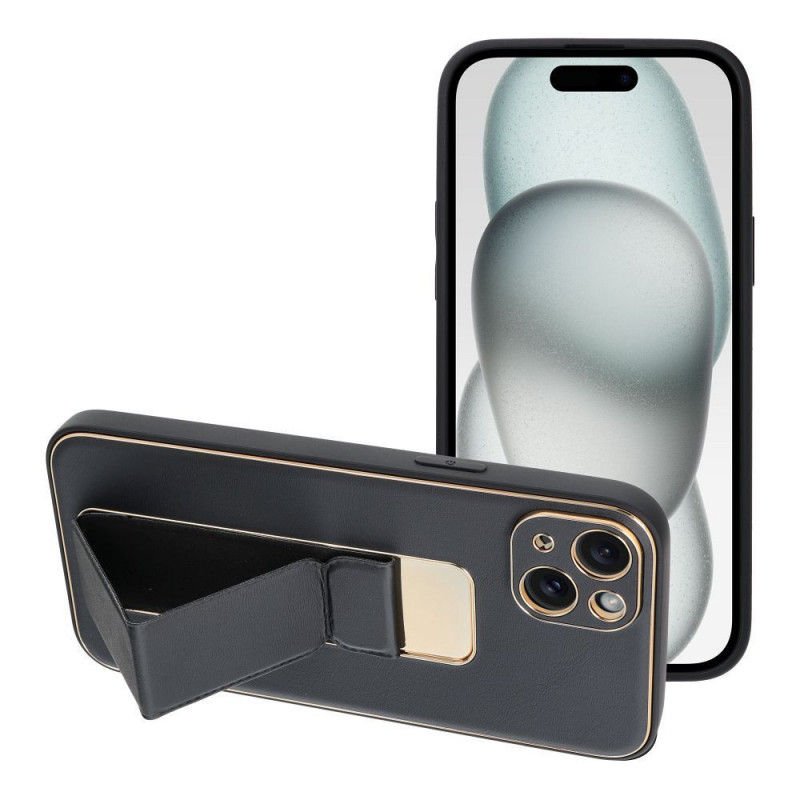 Kryt LEATHER Case Kickstand na Apple iPhone 15 Plus Čierny