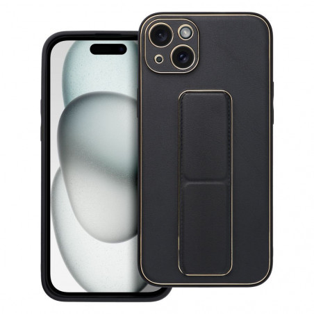 Kryt LEATHER Case Kickstand na Apple iPhone 15 Plus Čierny