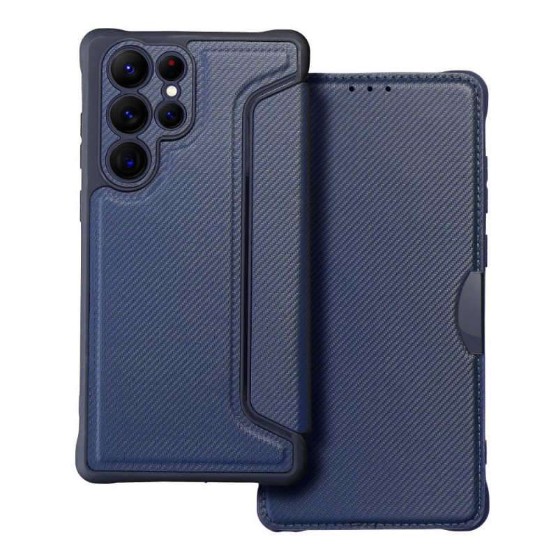 Peňaženkové puzdro Razor Book na Samsung Galaxy S22 Ultra Uhlíkové vlákno, Karbónový vzor  Modrý