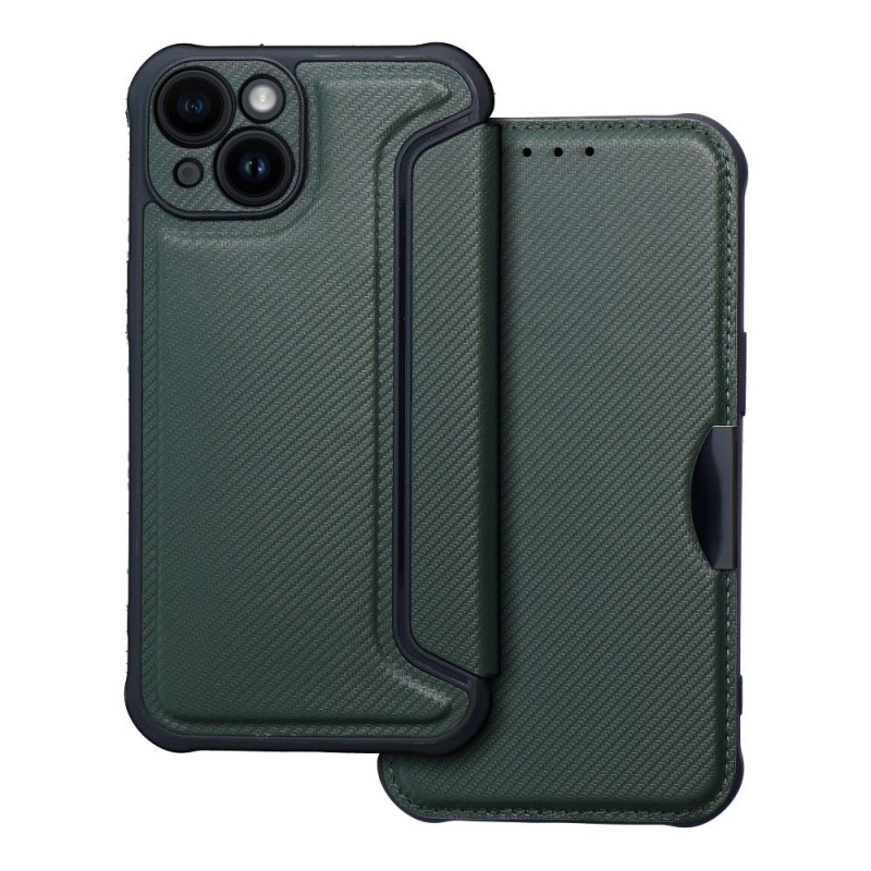 Peňaženkové puzdro Razor Book na Apple iPhone 14 Uhlíkové vlákno, Karbónový vzor  Tmavo zelený