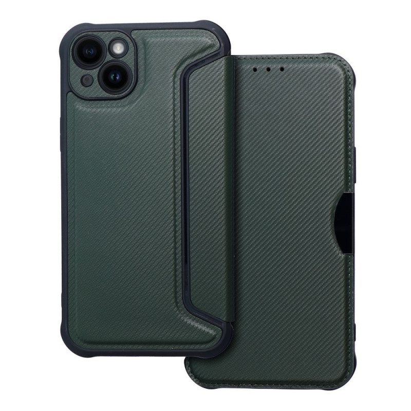 Peňaženkové puzdro Razor Book na Apple iPhone 14 Plus Uhlíkové vlákno, Karbónový vzor  Tmavo zelený