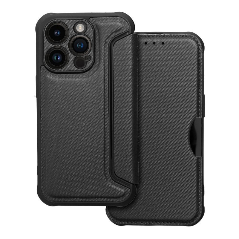 Peňaženkové puzdro Razor Book na Apple iPhone 14 Pro Uhlíkové vlákno, Karbónový vzor  Čierny