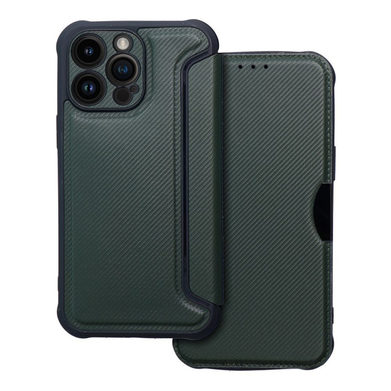 Peňaženkové puzdro Razor Book na Apple iPhone 14 Pro Max Uhlíkové vlákno, Karbónový vzor  Tmavo zelený