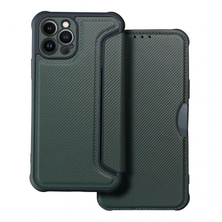 Peňaženkové puzdro Razor Book na Apple iPhone 12 Pro Uhlíkové vlákno, Karbónový vzor Tmavo zelený