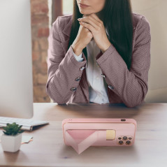Kryt LEATHER Case Kickstand na Apple iPhone 14 Pro Ružový