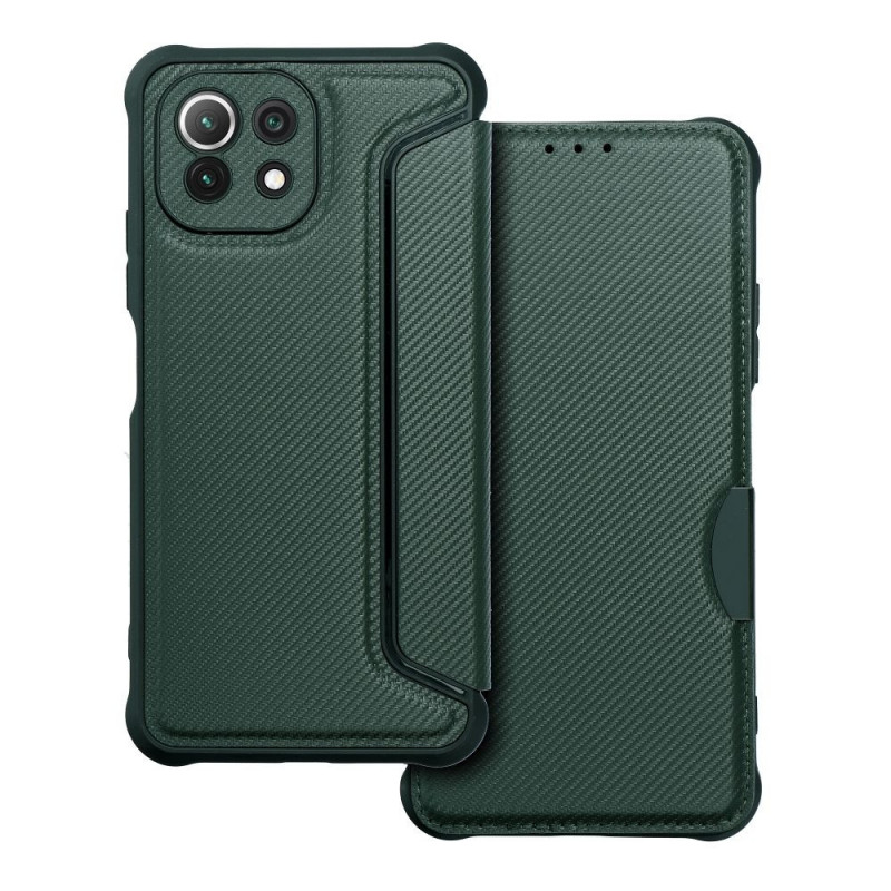 Peňaženkové puzdro Razor Book na XIAOMI Mi 11 Lite 5G Uhlíkové vlákno, Karbónový vzor  Tmavo zelený