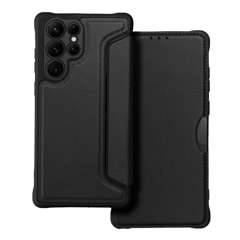 Peňaženkové puzdro Razor Book na Samsung Galaxy S22 Ultra Uhlíkové vlákno, Karbónový vzor  Čierny