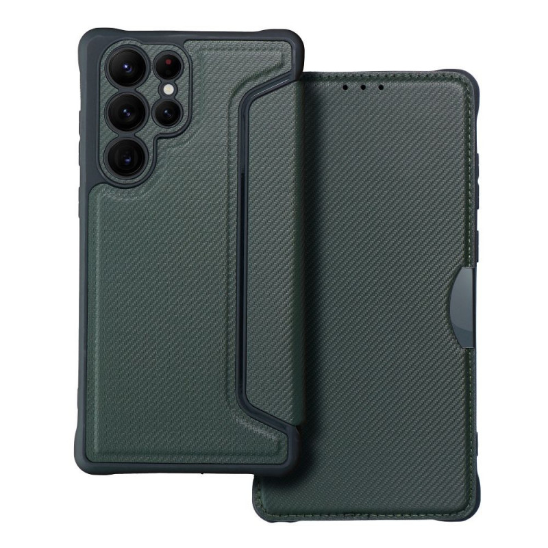 Peňaženkové puzdro Razor Book na Samsung Galaxy S22 Ultra Uhlíkové vlákno, Karbónový vzor  Tmavo zelený