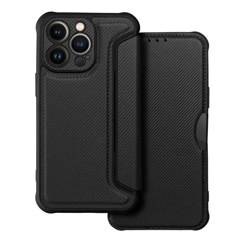 Peňaženkové puzdro Razor Book na Apple iPhone 13 Pro Uhlíkové vlákno, Karbónový vzor  Čierny