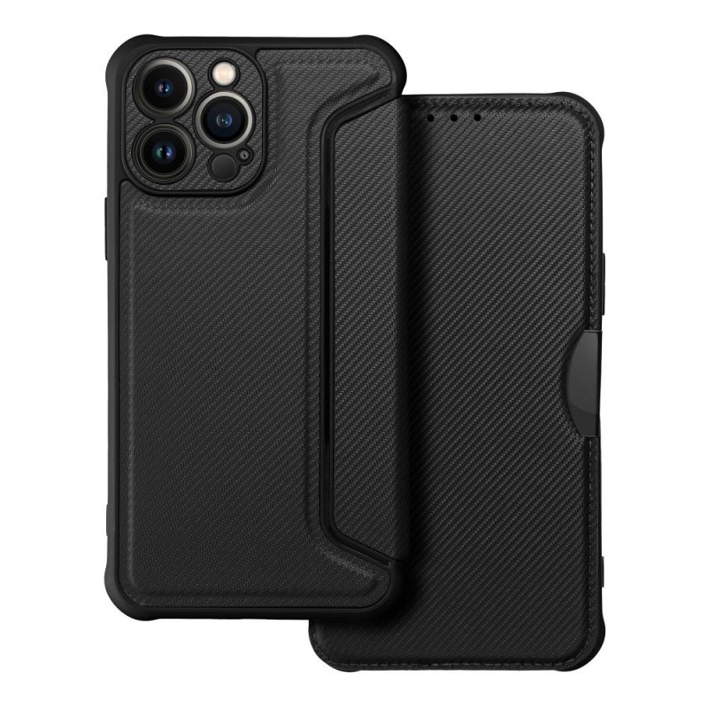 Peňaženkové puzdro Razor Book na Apple iPhone 13 Pro Max Uhlíkové vlákno, Karbónový vzor  Čierny