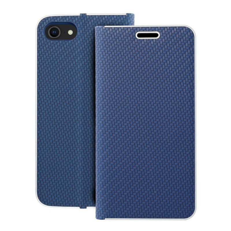 Peňaženkové puzdro LUNA Book Carbon na Apple iPhone SE 2020 Uhlíkové vlákno, Elegant  Modrý