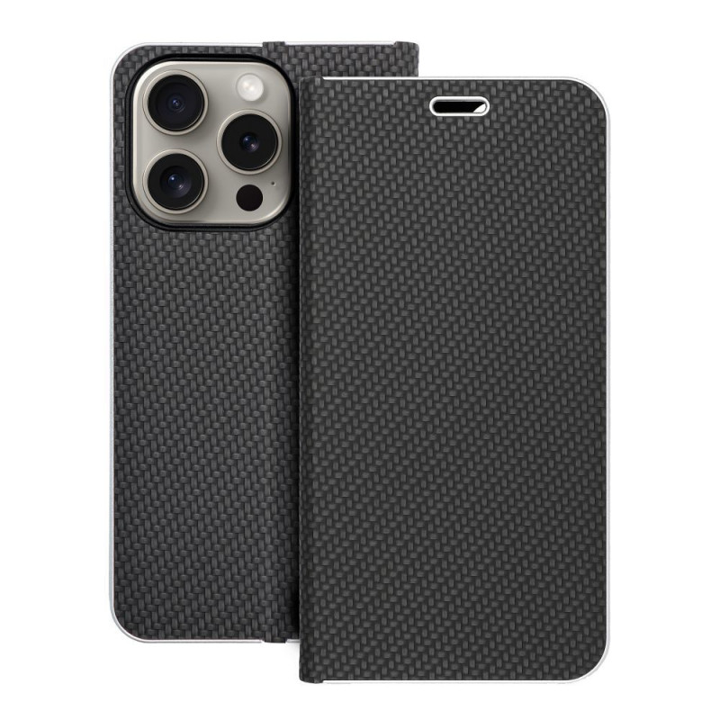 Peňaženkové puzdro LUNA Book Carbon na Apple iPhone 15 Pro Uhlíkové vlákno, Elegant  Čierny