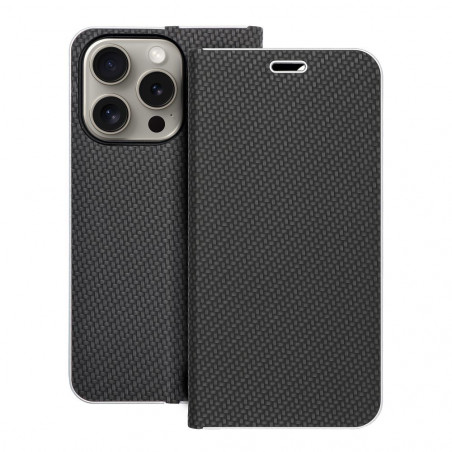Peňaženkové puzdro LUNA Book Carbon na Apple iPhone 15 Pro Uhlíkové vlákno, Elegant Čierny