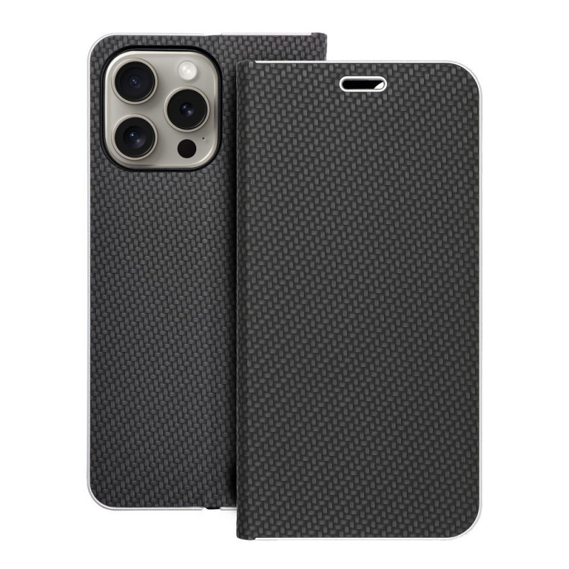 Peňaženkové puzdro LUNA Book Carbon na Apple iPhone 15 Pro Max Uhlíkové vlákno, Elegant  Čierny