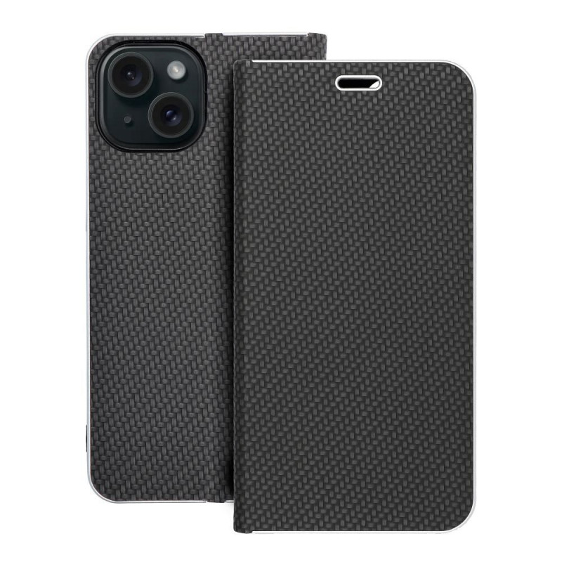 Peňaženkové puzdro LUNA Book Carbon na Apple iPhone 15 Uhlíkové vlákno, Elegant  Čierny