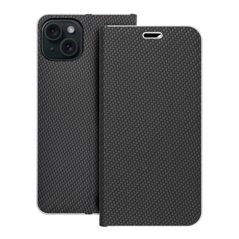Peňaženkové puzdro LUNA Book Carbon na Apple iPhone 15 Plus Uhlíkové vlákno, Elegant  Čierny