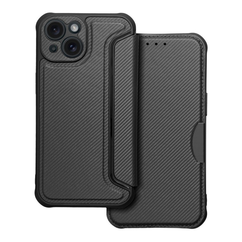 Peňaženkové puzdro Razor Book na Apple iPhone 15 Uhlíkové vlákno, Karbónový vzor  Čierny