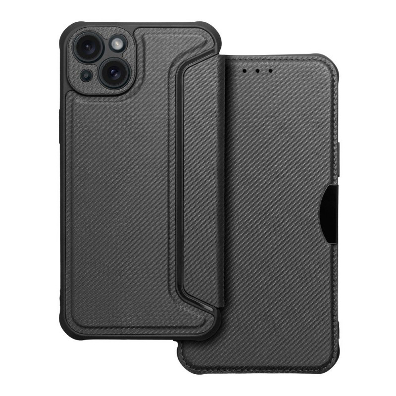 Peňaženkové puzdro Razor Book na Apple iPhone 15 Plus Uhlíkové vlákno, Karbónový vzor  Čierny