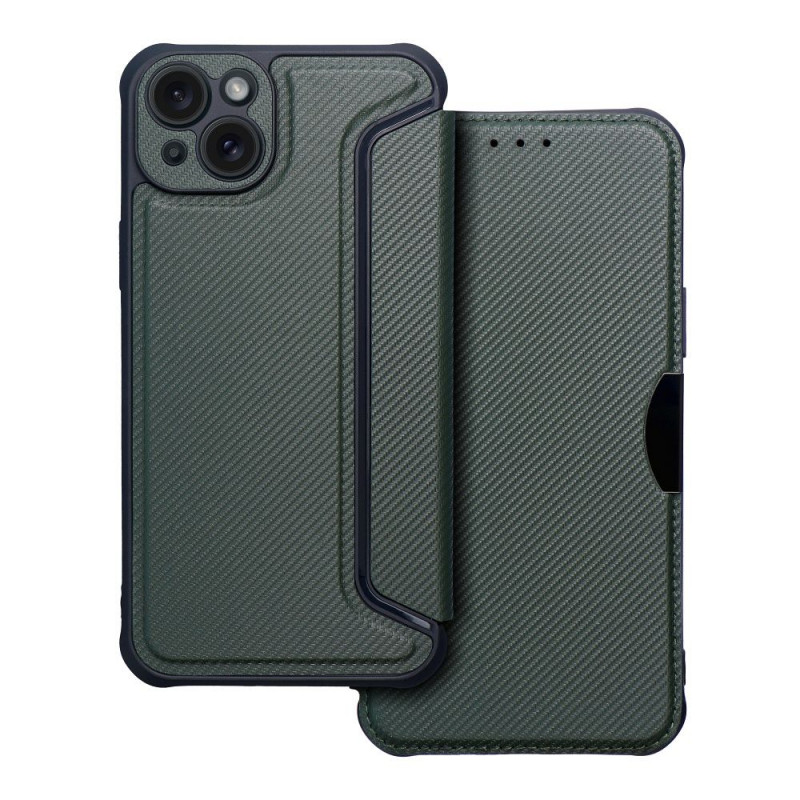 Peňaženkové puzdro Razor Book na Apple iPhone 15 Plus Uhlíkové vlákno, Karbónový vzor  Tmavo zelený