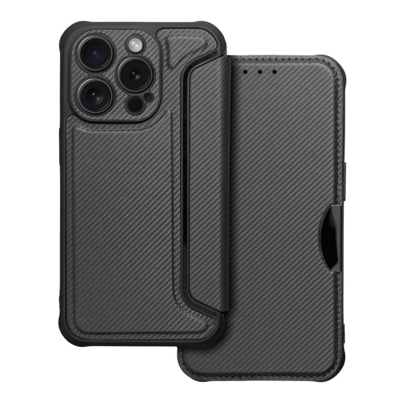 Peňaženkové puzdro Razor Book na Apple iPhone 15 Pro Uhlíkové vlákno, Karbónový vzor  Čierny