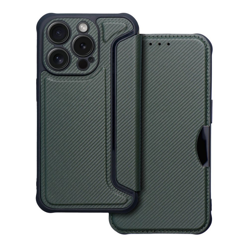 Peňaženkové puzdro Razor Book na Apple iPhone 15 Pro Uhlíkové vlákno, Karbónový vzor  Tmavo zelený