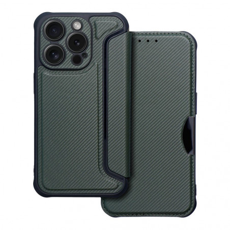 Peňaženkové puzdro Razor Book na Apple iPhone 15 Pro Uhlíkové vlákno, Karbónový vzor Tmavo zelený
