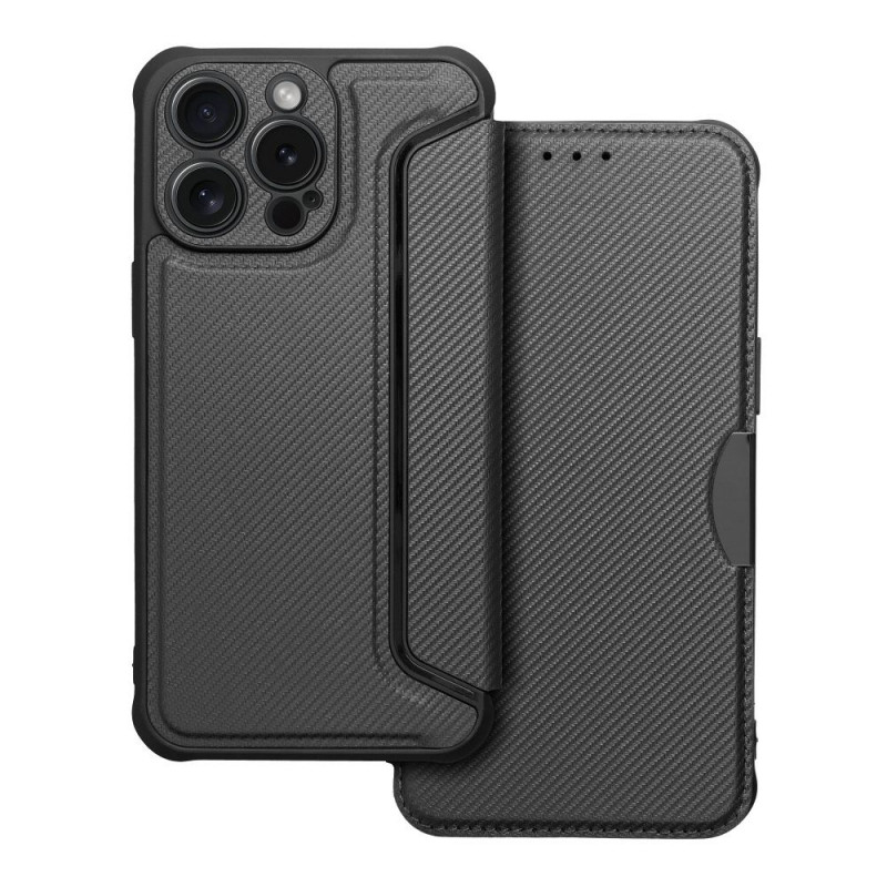 Peňaženkové puzdro Razor Book na Apple iPhone 15 Pro Max Uhlíkové vlákno, Karbónový vzor  Čierny