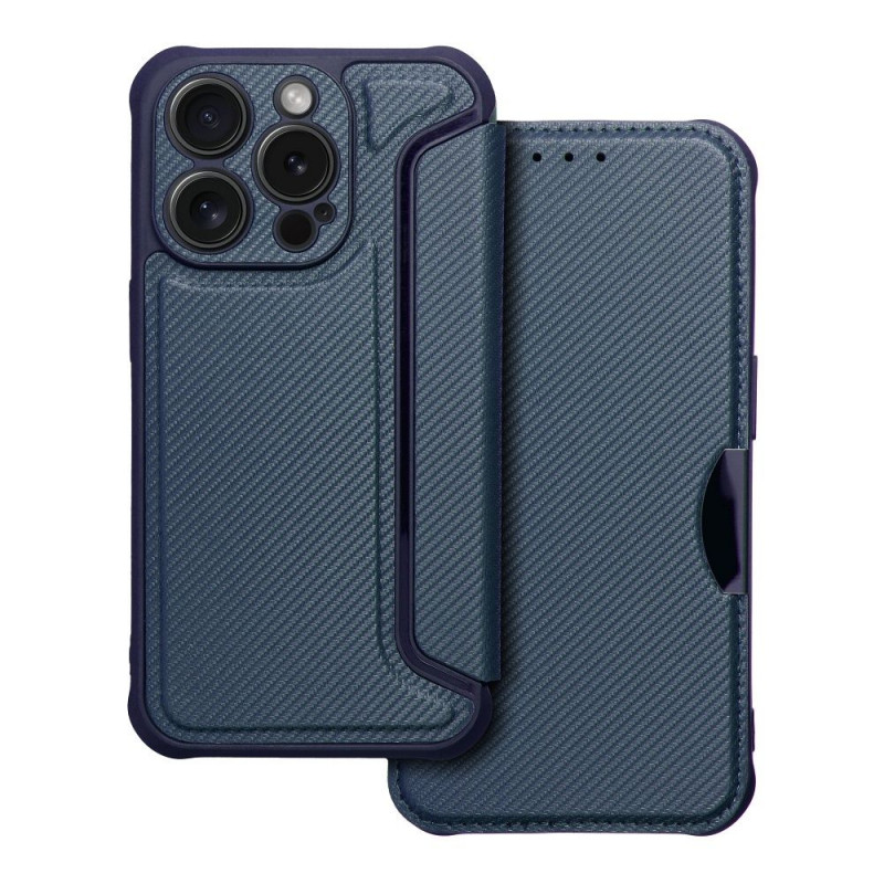 Peňaženkové puzdro Razor Book na Apple iPhone 15 Pro Uhlíkové vlákno, Karbónový vzor  Modrý