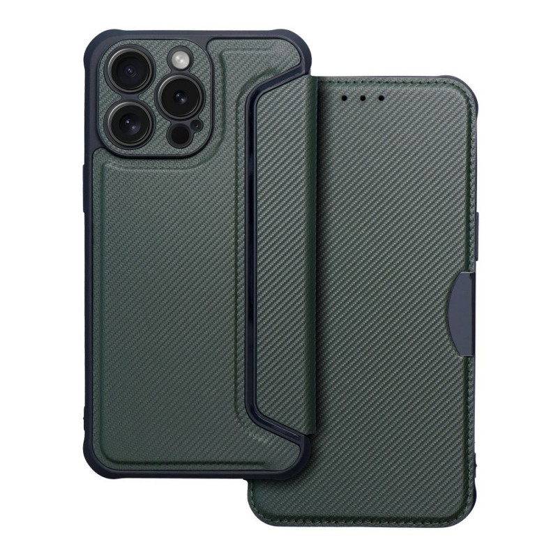 Peňaženkové puzdro Razor Book na Apple iPhone 15 Pro Max Uhlíkové vlákno, Karbónový vzor  Tmavo zelený