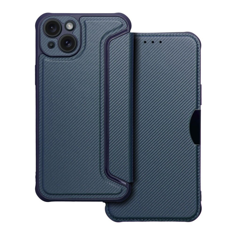 Peňaženkové puzdro Razor Book na Apple iPhone 15 Plus Uhlíkové vlákno, Karbónový vzor  Modrý