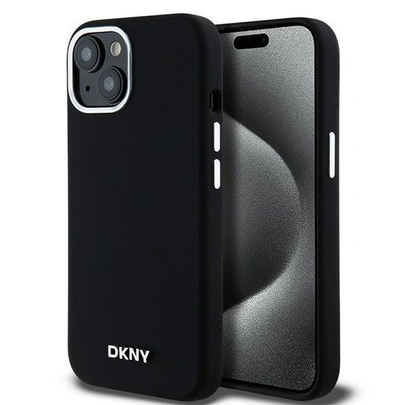 Kryt DKNY Silicone Horizontal Metal Logo na Apple iPhone 15 MagSAFE  Čierny