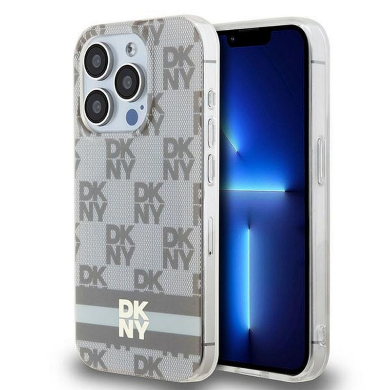 Kryt DKNY Checkered Pattern Printed Stripes na Apple iPhone 14 Pro Max MagSAFE  Béžový