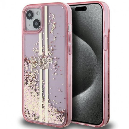Kryt Guess Liquid Glitter Gold Stripes na Apple iPhone 15 Ružový