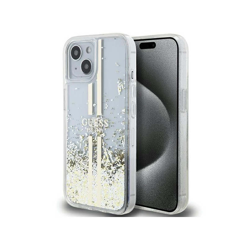 Kryt Guess Liquid Glitter Gold Stripes na Apple iPhone 15 Plus Transparentný