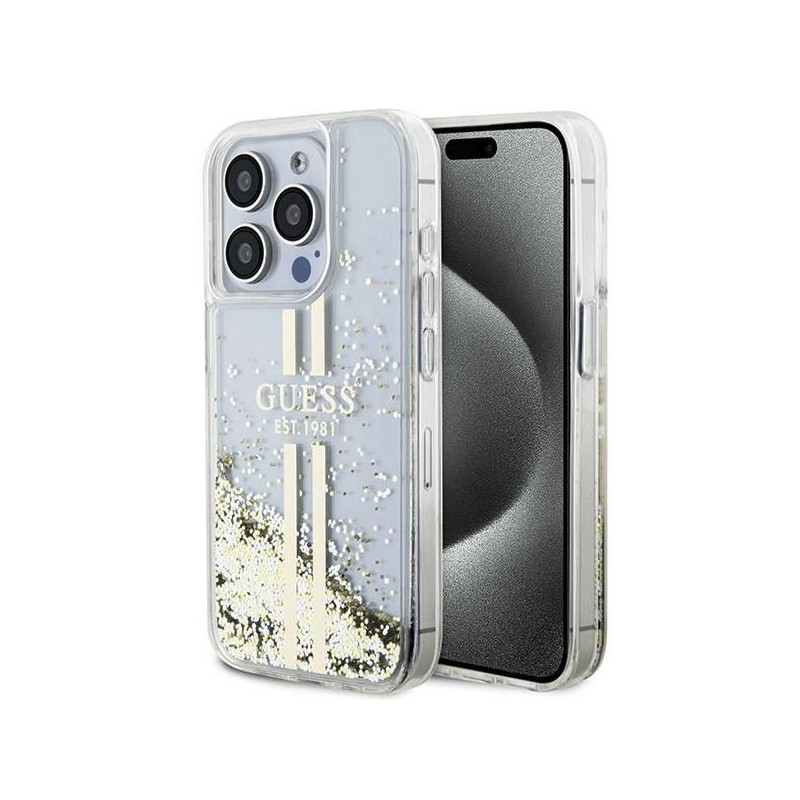 Kryt Guess Liquid Glitter Gold Stripes na Apple iPhone 15 Pro Transparentný