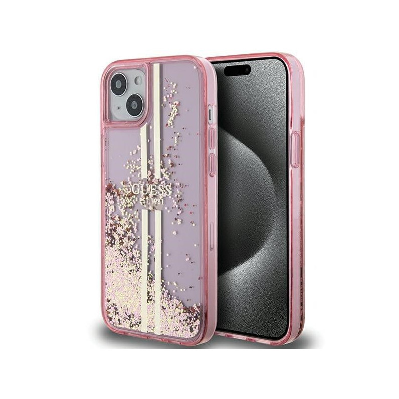Kryt Guess Liquid Glitter Gold Stripes na Apple iPhone 15 Plus Ružový