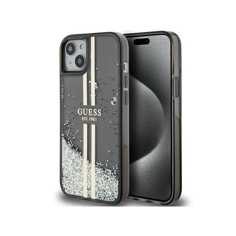 Kryt Guess Liquid Glitter Gold Stripes na Apple iPhone 15 Plus Čierny
