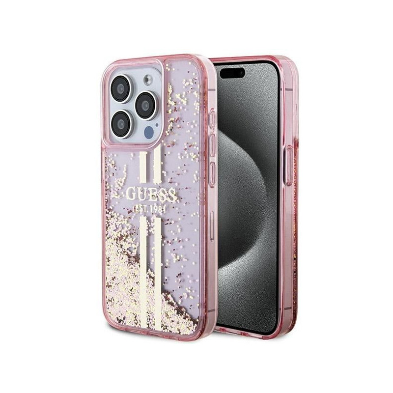 Kryt Guess Liquid Glitter Gold Stripes na Apple iPhone 15 Pro Ružový