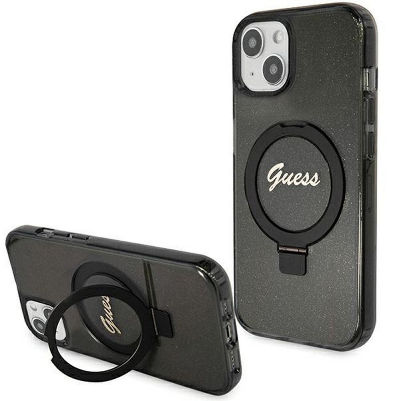Kryt Guess Glitter Script Logo - Ring stand na Apple iPhone 15 MagSAFE  Čierny