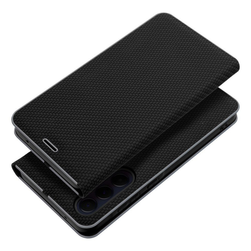 Peňaženkové puzdro LUNA Book Carbon na Samsung Galaxy S24 FE Uhlíkové vlákno, Elegant  Čierny