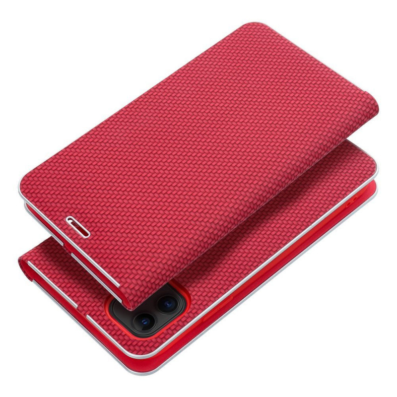 Peňaženkové puzdro LUNA Book Carbon na Apple iPhone 16 Pro Max Uhlíkové vlákno, Elegant  Červený