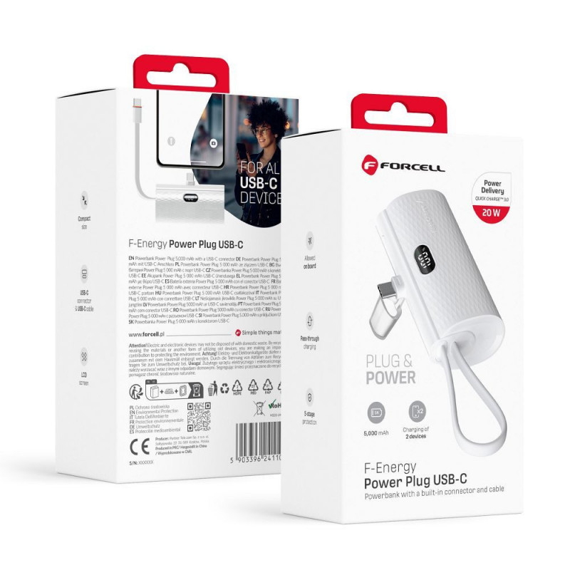 Forcell Power bank F-Energy Power Plug F5K3 5 000mAh pre Type C PD 20W biela Forcell Power bank F-Energy Power Plug F5K3 5 000mAh pre Type C PD 20W biela
