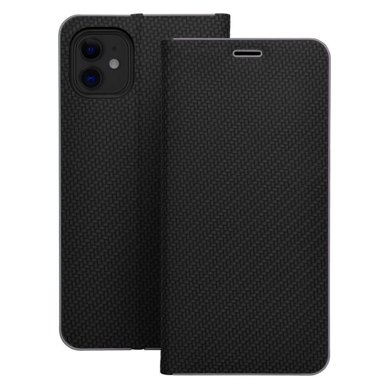 Peňaženkové puzdro LUNA Book Carbon na Apple iPhone 16e Uhlíkové vlákno, Elegant  Čierny