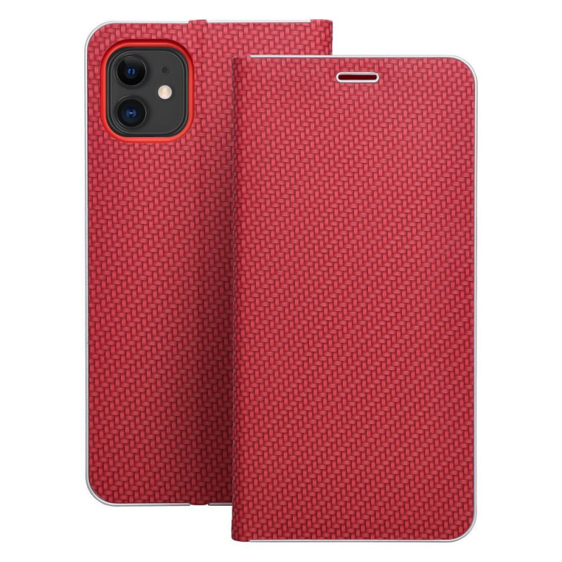 Peňaženkové puzdro LUNA Book Carbon na Apple iPhone 16e Uhlíkové vlákno, Elegant  Červený